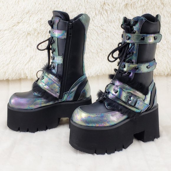 Ash Goth Punk Furry Mid Calf Platform Boots - Picture 8 of 15